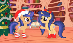 Size: 1024x605 | Tagged: safe, artist:velveagicsentryyt, derpibooru import, oc, oc:galaxy swirls, oc:velvet sentry, pony, unicorn, christmas, christmas tree, clothes, female, golden oaks library, hat, holiday, mare, offspring, parent:flash sentry, parent:twilight sparkle, parents:flashlight, santa hat, siblings, sisters, socks, tree