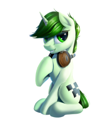 Size: 1392x1583 | Tagged: safe, artist:nihaicreeper, derpibooru import, oc, oc:nihaicreeper, pony, unicorn, 2022 community collab, derpibooru community collaboration, headphones, simple background, sitting, smiling, solo