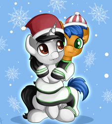 Size: 1280x1418 | Tagged: safe, artist:appleneedle, derpibooru import, oc, oc:fire, oc:gian, earth pony, pony, unicorn, art, character, coils, digital, draw, drawing, fanart, hat, long pony, paint, painting, snow, snowflake, stretching, winter