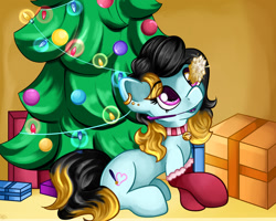 Size: 1280x1024 | Tagged: safe, artist:appleneedle, derpibooru import, oc, oc:golden voice, earth pony, pony, art, character, christmas, clothes, decoration, digital, draw, drawing, fanart, holiday, lights, paint, painting, present, socks, tree