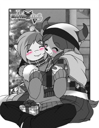 Size: 1500x1934 | Tagged: safe, artist:boastudio, derpibooru import, sandbar, yona, anthro, earth pony, yak, comic:hooves & fins, blushing, christmas, clothes, cute, eyes closed, female, happy, hat, holiday, hug, male, sandabetes, santa hat, scarf, shipping, smiling, straight, yonabar, yonadorable