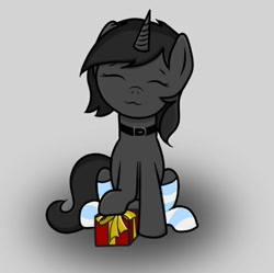 Size: 749x745 | Tagged: safe, artist:sundust, derpibooru import, oc, oc only, oc:richard98, pony, unicorn, clothes, collar, cute, eyes closed, gift box, horn, male, simple background, sitting, smiling, socks, solo, stallion, stockings, striped socks, thigh highs