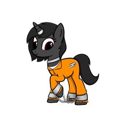 Size: 1024x1024 | Tagged: safe, artist:sundust, derpibooru import, oc, oc only, oc:richard98, pony, unicorn, bondage, chains, clothes, collar, cuffs, horn, horn ring, jail, male, png, prison, prison outfit, raised hoof, raised leg, ring, shackles, simple background, solo, stallion, transparent background