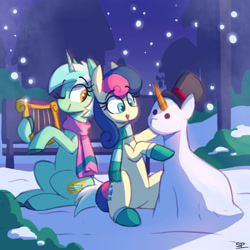 Size: 2000x2000 | Tagged: safe, artist:scribbling-potato, derpibooru import, bon bon, lyra heartstrings, sweetie drops, earth pony, pony, unicorn, building, carrot, clothes, duo, duo female, female, food, hat, high res, lyre, mare, musical instrument, one eye closed, scarf, snow, snowpony, top hat