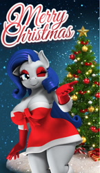 Size: 1500x2592 | Tagged: safe, artist:argos90, derpibooru import, rarity, anthro, 3d, big breasts, blue eyes, blue mane, breasts, christmas, christmas tree, clothes, costume, eyeshadow, gloves, hat, holiday, makeup, merry christmas, one eye closed, raritits, red dress, red eyeshadow, red gloves, santa costume, santa hat, smiling, snow, snowfall, solo, standing, tree, white coat, wink