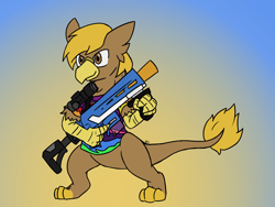 Size: 1440x1080 | Tagged: safe, artist:gressimja, derpibooru import, oc, oc:pad, anthro, griffon, clothes, nerf, nerf gun, shirt, solo, t-shirt