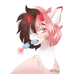 Size: 1920x1920 | Tagged: safe, artist:milkycloudss, derpibooru import, oc, oc:rin, pony, bandaid, female, food, horns, magic, mare, popsicle, solo