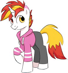 Size: 1354x1447 | Tagged: safe, artist:aanotherpony, derpibooru import, oc, oc only, oc:shyfire, pony, unicorn, 2022 community collab, clothes, derpibooru community collaboration, heterochromia, hoodie, horn, male, pants, raised hoof, raised leg, simple background, solo, stallion, tail, transparent background, two toned mane, two toned tail, unicorn oc