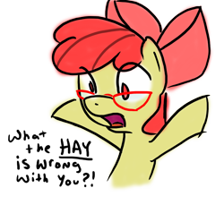 Size: 698x640 | Tagged: safe, artist:grilledcat, derpibooru import, apple bloom, earth pony, pony, female, filly, foal, glasses, simple background, solo, text, transparent background