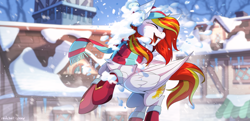 Size: 3000x1454 | Tagged: safe, artist:redchetgreen, derpibooru import, oc, oc only, oc:diamond sun, pegasus, pony, chest fluff, clothes, commission, eyes closed, female, high res, mare, open mouth, open smile, scarf, shoes, smiling, snow, snowball, snowball fight, solo, winter, winter outfit, ych result