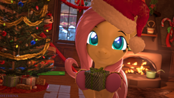 Size: 3840x2160 | Tagged: safe, artist:sylthena, derpibooru import, fluttershy, pegasus, pony, 3d, 4k, candy, candy cane, candy canes, carpet, christmas, christmas lights, christmas stocking, christmas tree, christmas wreath, cozy, cute, daaaaaaaaaaaw, fire, fireplace, food, furnace, gift box, gift wrap, glowing, glowing eyes, hat, holiday, looking at you, offscreen character, ornament, ornaments, pov, present, rug, santa hat, shyabetes, snow, source filmmaker, tree, wreath