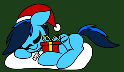 Size: 2663x1552 | Tagged: safe, artist:derpyalex2, derpibooru import, oc, oc only, oc:shy-fly, pegasus, pony, christmas, clothes, hat, holiday, jacket, pillow, present, santa hat, sleeping, sweater