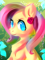 Size: 900x1200 | Tagged: safe, artist:chipce, derpibooru import, fluttershy, pegasus, pony, abstract background, aside glance, bust, chest fluff, cute, daaaaaaaaaaaw, female, folded wings, looking at you, mare, portrait, shyabetes, solo, three quarter view, wings