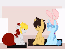 Size: 2828x2121 | Tagged: safe, artist:euphorictheory, derpibooru import, oc, oc only, oc:wolfbane, earth pony, pegasus, pony, unicorn, colored wings, ears, female, floppy ears, hairband, hat, male, mare, simple background, stallion, unnamed oc, wings