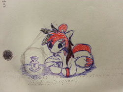 Size: 2828x2121 | Tagged: safe, artist:euphorictheory, derpibooru import, oc, oc only, oc:wolfbane, pegasus, pony, armband, colored wings, ear piercing, ears, female, floppy ears, lantern, mare, paper, piercing, reading, solo, traditional art, wings