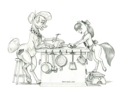 Size: 1500x1097 | Tagged: safe, artist:baron engel, derpibooru import, apple bloom, granny smith, earth pony, pony, bonding, female, filly, foal, mare, monochrome, pencil drawing, traditional art