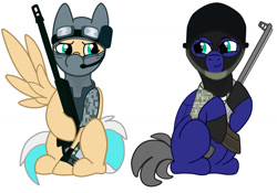 Size: 2428x1700 | Tagged: safe, artist:euphorictheory, derpibooru import, oc, oc only, oc:flareblitz, oc:snow blizzard, pegasus, pony, balaclava, camouflage, clothes, duo, goggles, gun, headphones, headset, helmet, male, microphone, military, military uniform, soldier, stallion, uniform, vest, weapon, wings