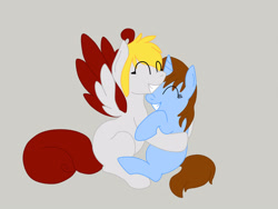 Size: 2828x2121 | Tagged: safe, artist:euphorictheory, derpibooru import, oc, oc only, oc:catbell, oc:wolfbane, pegasus, pony, unicorn, colored wings, duo, female, hug, mare, simple background, wings
