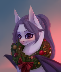 Size: 2200x2600 | Tagged: safe, artist:inarimayer, derpibooru import, oc, oc only, bat pony, pony, bust, christmas, christmas wreath, gradient background, heart eyes, high res, holiday, smiling, solo, wingding eyes, wreath