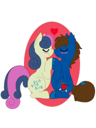 Size: 2121x2828 | Tagged: safe, artist:euphorictheory, derpibooru import, bon bon, sweetie drops, oc, oc:fireblitz, earth pony, pegasus, pony, blushing, duo, female, hairband, heart, holding hooves, male, mare, nuzzling, shipping, simple background, sitting, stallion, transparent background, unshorn fetlocks