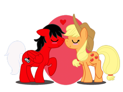 Size: 2828x2121 | Tagged: safe, artist:euphorictheory, derpibooru import, applejack, oc, oc:gonard, earth pony, pegasus, pony, blushing, duo, female, hairband, hat, heart, male, mare, nuzzling, raised hoof, raised leg, shipping, simple background, stallion, transparent background