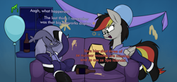 Size: 3000x1397 | Tagged: safe, artist:moonatik, derpibooru import, oc, oc only, oc:anja snow, oc:selenite, bat pony, pegasus, alternate timeline, balloon, banner, bat pony oc, boots, clothes, drunk, female, folder, gloves, hangover, mare, military uniform, new lunar millennium, night, nightmare takeover timeline, party, pegasus oc, shirt, shoes, sofa, uniform, window