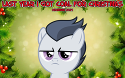 Size: 2064x1289 | Tagged: safe, artist:frownfactory, artist:not-yet-a-brony, derpibooru import, rumble, pegasus, pony, 2021, christmas, colt, december, foal, frown, hearth's warming, holiday, last year i got coal for christmas, male, rumble is not amused, song reference, vincent tong, voice actor joke, youtube link in the description