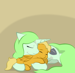 Size: 900x878 | Tagged: safe, artist:askmerriweatherauthor, derpibooru import, oc, oc:meadow lark (ask merriweather), oc:merriweather, pegasus, pony, unicorn, ask merriweather, colt, female, foal, lying down, male, mother and child, mother and son, parent and child, prone, scar, sleeping