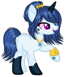 Size: 844x994 | Tagged: safe, artist:fantarianna, derpibooru import, oc, oc only, pony, unicorn, clothes, eyelashes, female, heterochromia, horn, jewelry, looking to side, looking to the right, mare, necklace, open mouth, open smile, raised hoof, raised leg, side view, simple background, smiling, socks, solo, transparent background, unicorn oc