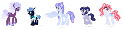 Size: 2522x616 | Tagged: safe, artist:tragedy-kaz, derpibooru import, oc, oc only, changedling, changeling, earth pony, pegasus, pony, unicorn, base used, changedling oc, changeling oc, earth pony oc, eyelashes, female, group, horn, looking back, male, mare, one wing out, parent:princess luna, parents:canon x oc, pegasus oc, simple background, smiling, stallion, transparent background, unicorn oc, wings