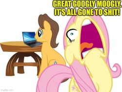 Size: 577x433 | Tagged: safe, derpibooru import, caramel, fluttershy, earth pony, pegasus, pony, computer, female, flutterscream, laptop computer, male, mare, meme, mood, open mouth, screaming, simple background, stallion, tongue, tongue out, undertale, volumetric mouth, white background