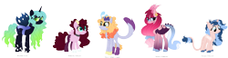 Size: 2500x641 | Tagged: safe, artist:tragedy-kaz, derpibooru import, oc, oc only, changeling, changeling queen, changepony, hybrid, pony, base used, changeling queen oc, female, group, interspecies offspring, magical gay spawn, magical lesbian spawn, magical threesome spawn, male, mare, offspring, parent:adagio dazzle, parent:capper dapperpaws, parent:cosmos, parent:discord, parent:fluttershy, parent:princess luna, parent:queen chrysalis, parent:queen novo, parent:scorpan, parent:star swirl the bearded, parents:chrysaluna, parents:discoshy, simple background, smiling, stallion, transparent background