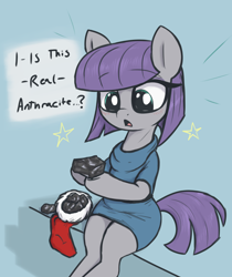 Size: 2270x2700 | Tagged: safe, artist:t72b, derpibooru import, maud pie, earth pony, pony, christmas, christmas stocking, clothes, coal, dress, female, holiday, hoof hold, mare, rock, sitting, smiling, solo, that pony sure does love rocks, when she smiles, wide eyes