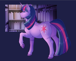 Size: 3379x2745 | Tagged: safe, artist:royvdhel-art, derpibooru import, twilight sparkle, unicorn twilight, pony, unicorn, book, bookshelf, colored hooves, female, mare, raised hoof, raised leg, rear view, scar, solo