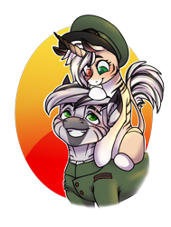 Size: 1290x1706 | Tagged: safe, artist:grilledsoap, derpibooru import, oc, oc only, oc:palatinatus clypeus, kirin, zebra, equestria at war mod, child, clothes, cute, father and child, father and daughter, female, kirin hybrid, male, military uniform, parent and child, simple background, transparent background, uniform, zebra oc