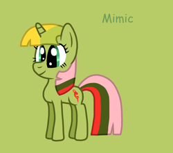 Size: 990x874 | Tagged: safe, artist:piggythebiker689, derpibooru import, mimic (g1), pony, twinkle eyed pony, unicorn, g1, g4, cute, female, g1 to g4, generation leap, green background, green text, mare, mimicbetes, simple background, smiling, solo, text