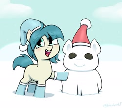 Size: 2145x1905 | Tagged: safe, artist:heretichesh, derpibooru import, oc, oc only, earth pony, pony, blushing, boots, christmas, cute, eye clipping through hair, female, filly, foal, hat, holiday, ocbetes, open mouth, open smile, santa hat, shoes, smiling, snow, snowpony, solo