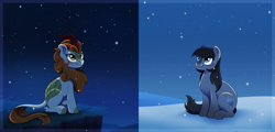 Size: 5182x2496 | Tagged: safe, anonymous artist, autumn blaze, oc, oc:frosty flakes, kirin, pony, blaze (coat marking), blushing, coat markings, cute, duo, night, quadrupedal, sitting, snow, snowpony (species), socks (coat marking), taiga pony