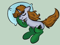 Size: 2048x1536 | Tagged: safe, artist:doodlesclipclop, oc, oc only, oc:littlepip, pony, unicorn, fallout equestria, brown mane, brown tail, cute, cutie mark, female, gray coat, green background, ocbetes, pillow, simple background, sleeping, socks, solo