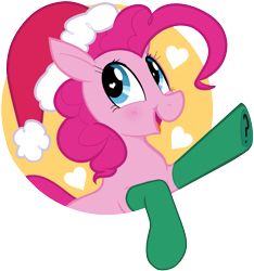 Size: 1079x1154 | Tagged: safe, artist:hattsy, pinkie pie, earth pony, pony, blushing, female, heart, looking up, mare, open mouth, open smile, santa hat, smiling, socks, solo, waving