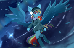 Size: 2560x1680 | Tagged: safe, artist:ssnerdy, derpibooru import, rainbow dash, pegasus, pony, beanie, cap, clothes, earmuffs, feather, female, flying, grin, hat, jacket, leggings, mare, night, smiling, snow, solo, spread wings, wind, wings, winter, winter outfit