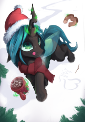 Size: 1597x2298 | Tagged: safe, artist:hitbass, derpibooru import, queen chrysalis, changeling, changeling queen, chocolate, christmas, clothes, cute, cutealis, donut, featured image, female, food, glowing, glowing horn, hat, holiday, horn, hot chocolate, licking, licking lips, magic, mug, santa hat, scarf, smiling, snow, solo, telekinesis, tongue, tongue out, tree, winter
