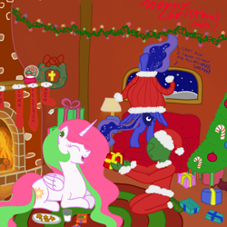 Size: 2000x2000 | Tagged: safe, artist:notawriteranon, derpibooru import, princess celestia, princess luna, oc, oc:anon, pony, /mlp/, christmas, christmas lights, christmas stocking, christmas tree, clothes, fireplace, gift box, gift wrapped, holiday, snow, snow globe, snowfall, snowflake, sweater, tree