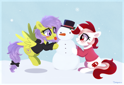 Size: 4200x2900 | Tagged: safe, artist:darkynez, derpibooru import, oc, oc only, bow, clothes, commission, hat, holly, hoodie, snow, snowflake, snowman, sweater, tongue, tongue out, top hat