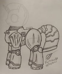 Size: 2792x3365 | Tagged: safe, artist:darthalex70, derpibooru import, oc, oc only, pony, fallout equestria, armor, fallout, power armor, sketch, solo, traditional art