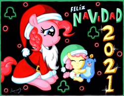 Size: 6544x5041 | Tagged: safe, artist:rammzblood, derpibooru import, li'l cheese, pinkie pie, the last problem, christmas, clothes, costume, eyes closed, female, hat, holiday, male, merry christmas, mother and child, mother and son, parent and child, santa costume, santa hat, toy