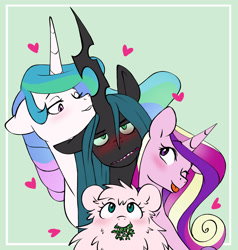 Size: 3097x3250 | Tagged: safe, artist:chub-wub, derpibooru import, princess cadance, princess celestia, queen chrysalis, oc, oc:fluffle puff, alicorn, changeling, pony, :p, annoyed, blushing, cadalis, canon x oc, chrysipuff, chryslestia, female, grin, heart, infidelity, lip bite, mare, one eye closed, polyamory, queen chrysalis is not amused, shipping, smiling, tongue, tongue out, unamused, wink