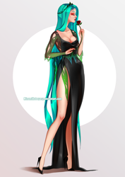 Size: 2893x4092 | Tagged: safe, artist:minamikoboyasy, derpibooru import, queen chrysalis, human, breasts, cleavage, clothes, eyes closed, female, flower, high res, humanized, rose, shoes, simple background, solo, white background