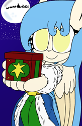 Size: 1336x2048 | Tagged: safe, artist:tenebrousmelancholy, derpibooru import, oc, angel, anthro, pegasus, 2021, christmas, digital art, female, gift box, glowing, glowing horn, handheld, holding, holiday, horn, moon, night, no pupils, present, sleigh, stars