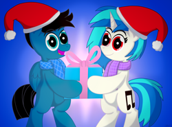 Size: 8896x6600 | Tagged: safe, artist:agkandphotomaker2000, derpibooru import, dj pon-3, vinyl scratch, oc, oc:pony video maker, pegasus, pony, unicorn, bipedal, canon x oc, christmas, clothes, female, folded wings, gift box, hat, hearth's warming eve, holding, holiday, looking at you, male, open mouth, present, red eyes, santa hat, scarf, shipping, simple background, straight, videoscratch, wings